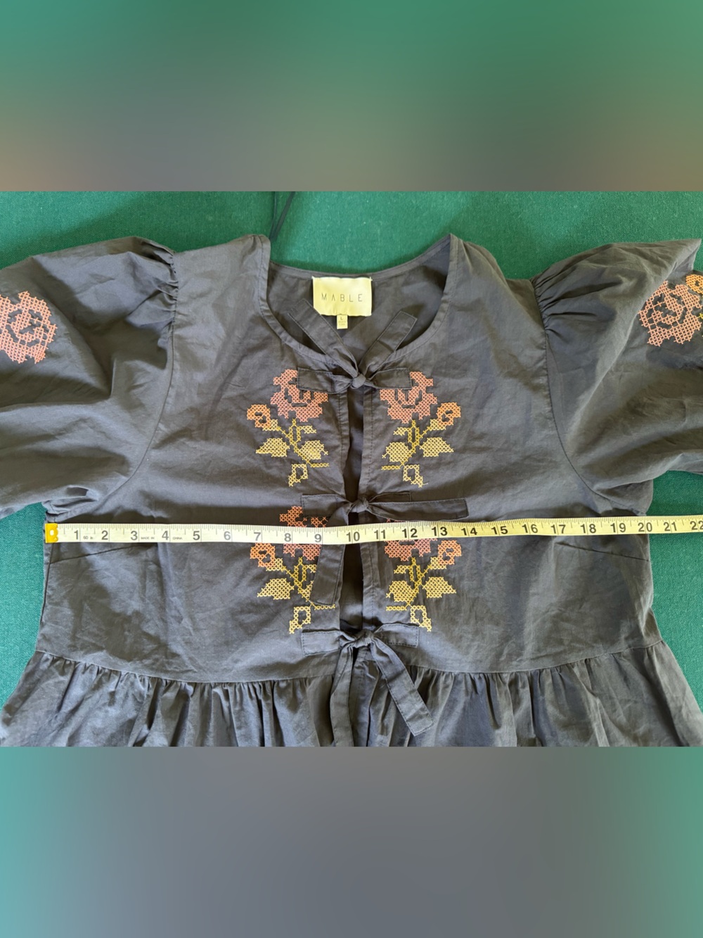 Mable Size Large Slate Blue Cropped Babydoll Peplum Hem Tie Front Embroidered - Picture 9 of 10